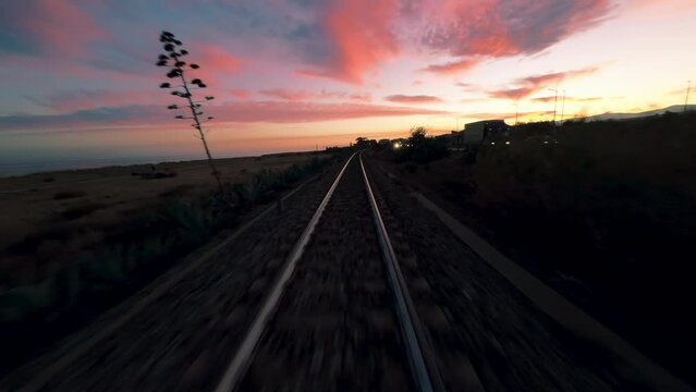 High speed of a train on railway, pov