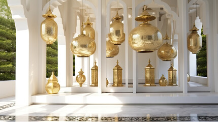 Fototapeta na wymiar Golden Lanterns Gleaming on white wall
