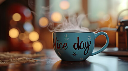 Cozy Vibes: 'Nice Day' Lettering on Blue Cup Mockup with Steaming Comfort