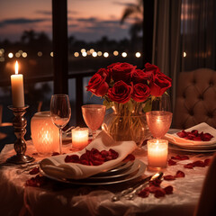 Obraz na płótnie Canvas Dinner table set with candle and roses for romantic celebration on valentine's day generative AI