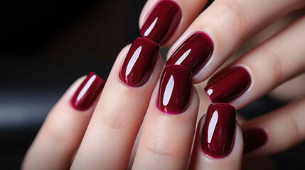  Close-up of woman fingers with beautiful burgundy color  manicure. Pastel color nail manicure with gel polish at luxury beauty salon.  - obrazy, fototapety, plakaty
