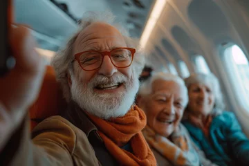 Papier Peint photo Ancien avion old couple on the plane having a selfie. Happy tourist taking selfie inside airplane.
