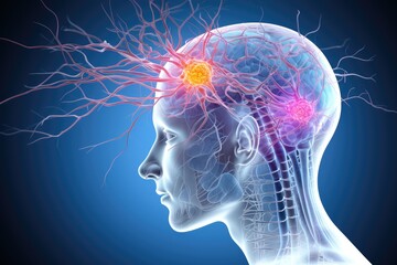 Obraz premium Red Brain cycles calming, restful REM sleep phase. Mindfulness, relaxation, guided meditation techniques aid in achieving transcendental sleep state. Mantras deep and blue restorative sleep experience
