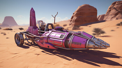 A purple rocket-powered sled in a desert test. - obrazy, fototapety, plakaty