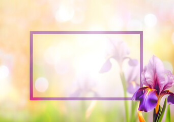 Floral background with copy space in a frame. Iris on a light background with bokeh.