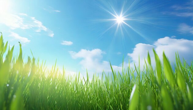light blue sunny sky green grass 3d render