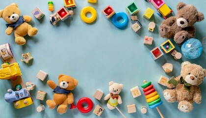 baby kids toy frame background teddy bears colorful wooden educational sensory sorting and stacking toys for children on light blue background top view flat lay