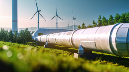  A hydrogen pipeline with wind turbines and in the background. Green hydrogen production concept - obrazy, fototapety, plakaty