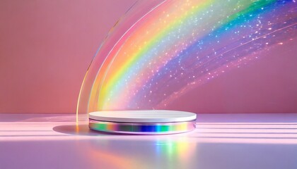 abstract minimal scene empty stage cylinder podium on soft pink background with rainbow crystal light refraction sparkles pedestal for cosmetic product and packaging mockups display presentation - obrazy, fototapety, plakaty