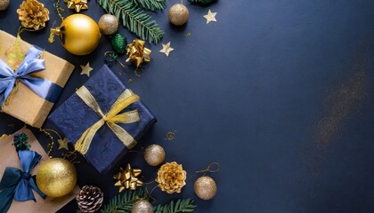 the christmas background is dark blue and it features gift boxes and gold baubles it is presented in a flat lay style with a top view and empty space for adding text or other elements