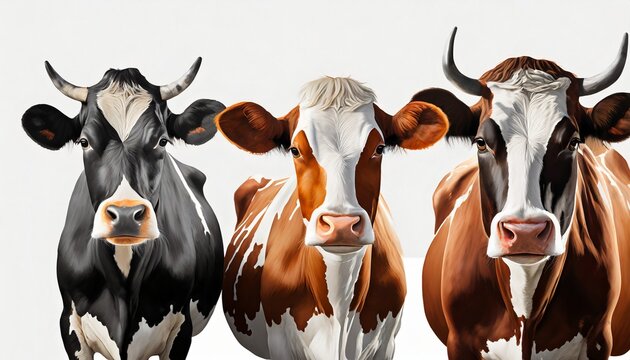 collection of three cow portraits in different colours black brown white on white background as animal bundle