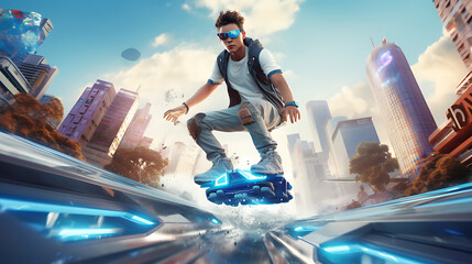 A silver hoverboard racing through a futuristic city. - obrazy, fototapety, plakaty