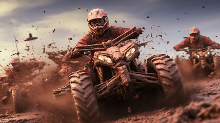 A red ATV mud racing event. - obrazy, fototapety, plakaty