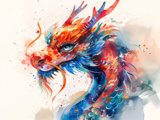 illustration moderne dans le style aquarelle, d'un dragon très coloré bleu et rouge pour le nouvel an chinois ou la fête du Têt au Vietnam - signe astrologique chinois