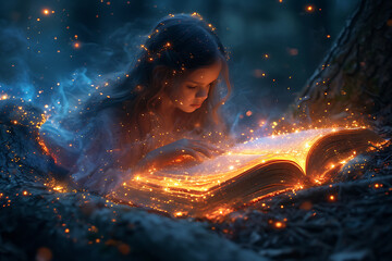 a little girl reads a book and immerses herself in a fairy tale
