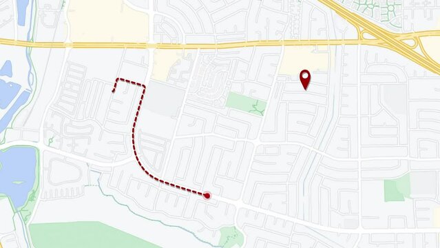 Smartphone app map with location icon and route. Web animation of navigation in a big city. App screen of traveling city map background. Localization, GPS travel and navigation concept. 