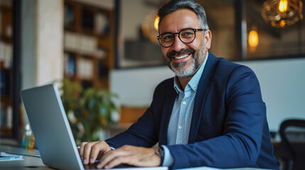 Corporate Success: Smiling Mature Businessman Working on Laptop at Desk