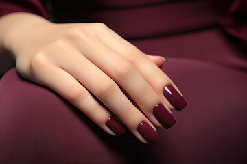  Close-up of woman fingers with beautiful burgundy color  manicure. Pastel color nail manicure with gel polish at luxury beauty salon. 