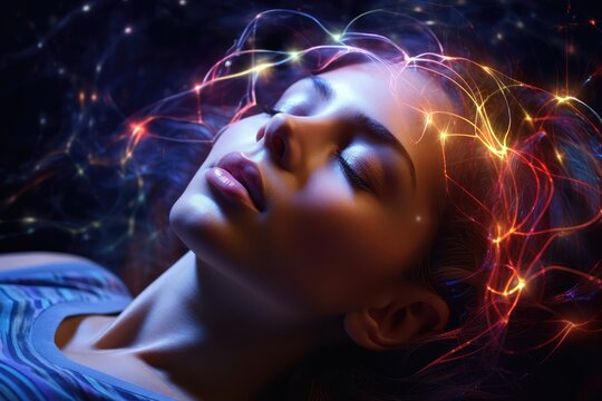 Brain sleep relaxation, mindful meditation brain waves. Affirmations and positive mindset promote brain health. Listening to brainwave patterns with headphones for better sleep and mental well being.