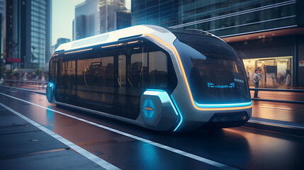 A sleek blue autonomous shuttle in a city transit race. - obrazy, fototapety, plakaty