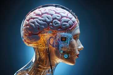 Robotic Cyborg cybernetic brain anatomy 3D x-ray mind scan. Health medicine scientific skull AI smart brain chip. Technology aids abstract neurology intelligence, MRI scan. Roboter thinking organ