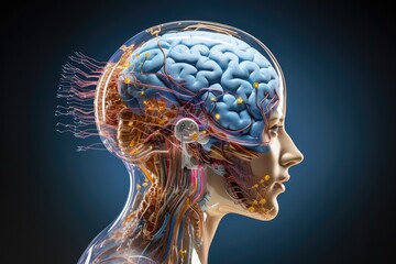 Robotic Cyborg cybernetic brain anatomy 3D x-ray mind scan. Health medicine scientific skull AI smart brain chip. Technology aids abstract neurology intelligence, MRI scan. Roboter thinking organ