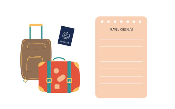 Travel CheckList. Sheet with lines list with suitcases in flat design. List of things to travel. Preparing for vacation, travel, journey, trip. Colored flat Vector illustration isolated on white.