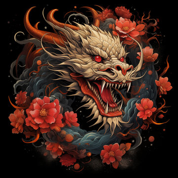 Illustration impressionnant dragon la gueule ouverte aux yeux rouges entremélé de fleurs rouge, sur fond noir - Nouvel an chinois, fête du Têt.