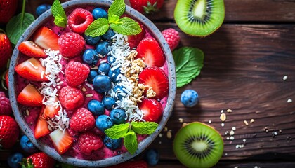 Superfood smoothie bowl with fruits, chia flax, and coconut flakes, top viewempty space for text.