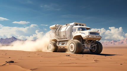 A white racing truck speeding through the desert.