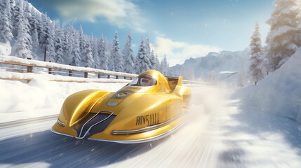 A yellow bobsled racing down a snowy track.