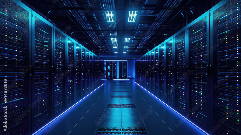 Poster data center with multiple rows of fully operational server racks. modern telecommunications, artific