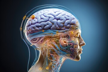 Obraz premium Cyborg brain, technology AI robotic cybernetic, neural augmentation 3d mind head skull x-ray with BCI and neuroprosthetics. Augmented cognition implant driven neurotechnology leads to neuroenhancement