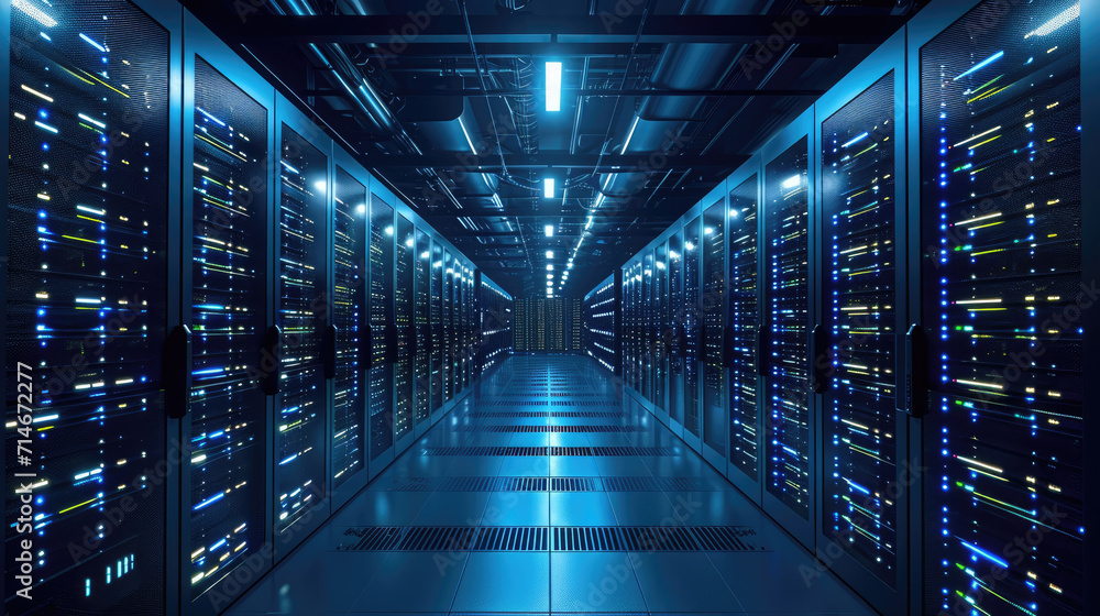 Poster data center with multiple rows of fully operational server racks. modern telecommunications, artific