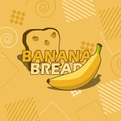 National Banana Bread Day event banner. A banana and a piece of bread with bold text and elements on light brown background to celebrate on February 23