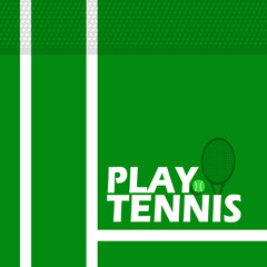 National Play Tennis Day event banner. Green tennis court with bold text, racket and tennis balls to celebrate on February 23