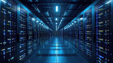 Obraz premium Data Center With Multiple Rows of Fully Operational Server Racks. Modern Telecommunications, Artificial Intelligence, Supercomputer Technology Concept. 