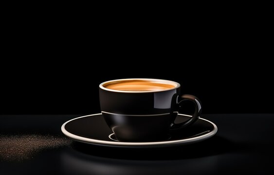 A cup of sweet, brown coffee drink suitable for breakfast. A cup of Expresso coffee in the photo in front of a black background. generative AI