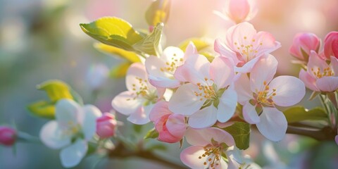 closeup of cherry or apple flower bud in summer sun with blurred background