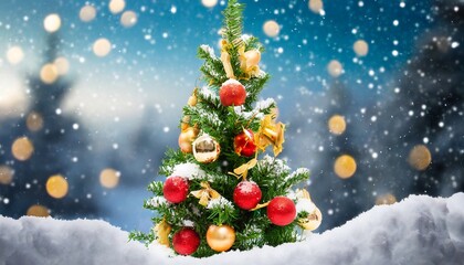 Fototapeta na wymiar decorated christmas tree with winter snow background