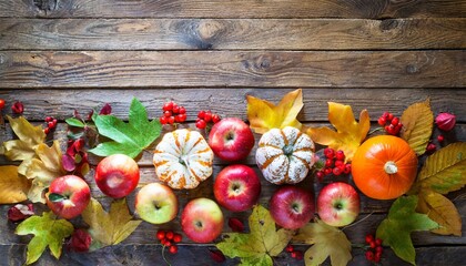 thanksgiving background apples pumpkins and fallen leaves on wooden background copy space for text halloween thanksgiving day or seasonal background design mock up - obrazy, fototapety, plakaty