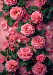 Flowers background. beautiful pink roses and petals frame on pink background.Top view.Copy space. Wedding invitation. Holiday concept : Generative AI