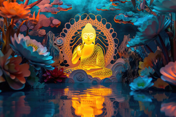 glowing golden Buddha with colorful paper cut clouds, a glowing dragon, nature background