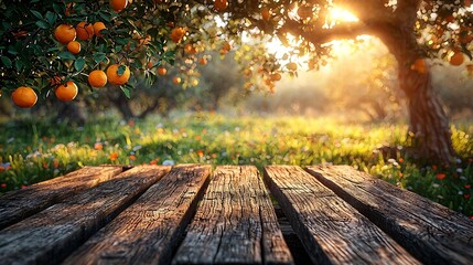 Naklejka na ściany i meble Tree Table wood Podium in farm display for food, perfume, and other products on nature background, Table in farm with orange tree and grass, Sunlight at morning : Generative AI