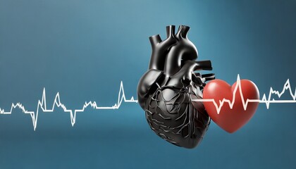 human heart and ekg waveform 3d rendering illustration with copy space and blue background cardiovascular system anatomy medical and healthcare biology medicine science concepts - obrazy, fototapety, plakaty