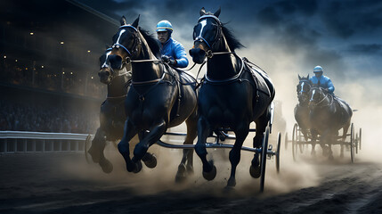 A blue horse carriage race on a racetrack. - obrazy, fototapety, plakaty