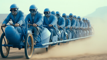 A blue human-powered vehicle race. - obrazy, fototapety, plakaty