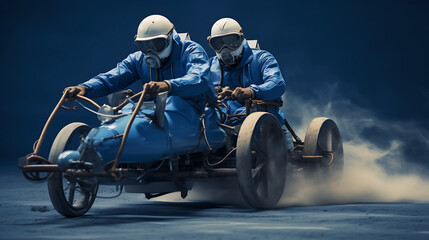 A blue human-powered vehicle race. - obrazy, fototapety, plakaty