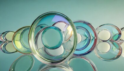 glass circle shapes with colorful reflections composition 3d rendering illustration