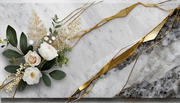 wedding background with a white marble and granite luxurious texture and gold white enchanting floral jewerly arrangement card voucher generative ai